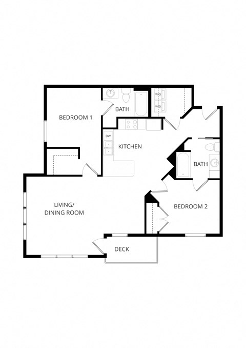Floor plan for 2 beds, 2 baths, 1073 sqft